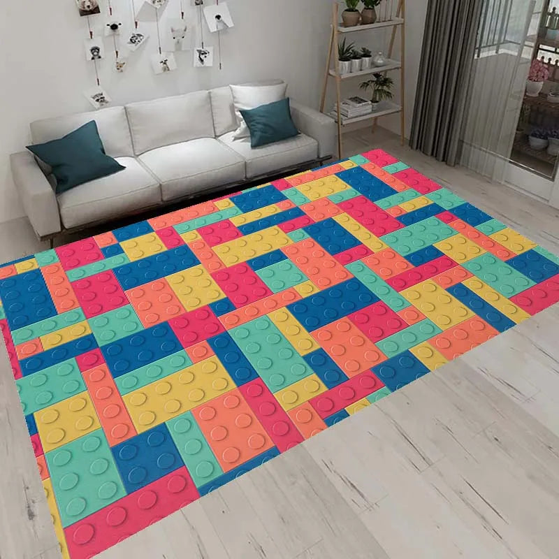 3D Colorful Geometric Block Area Rugs for Living Room Bedroom Building Block Toys Carpet Home Kids Room Decor Non-Slip Floor Mat