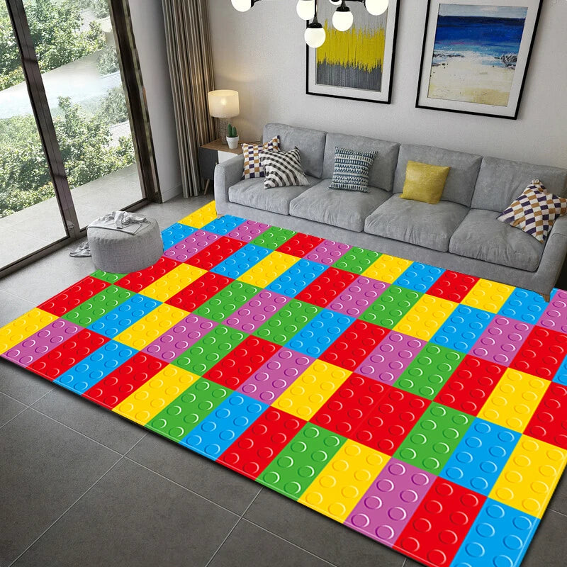 3D Colorful Geometric Block Area Rugs for Living Room Bedroom Building Block Toys Carpet Home Kids Room Decor Non-Slip Floor Mat