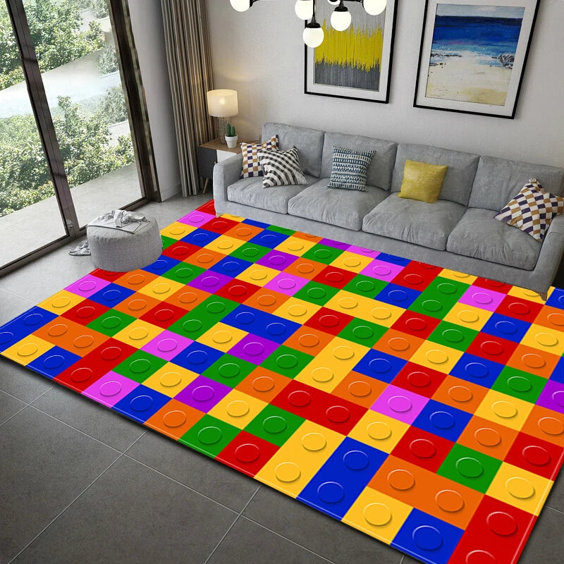 3D Colorful Geometric Block Area Rugs for Living Room Bedroom Building Block Toys Carpet Home Kids Room Decor Non-Slip Floor Mat