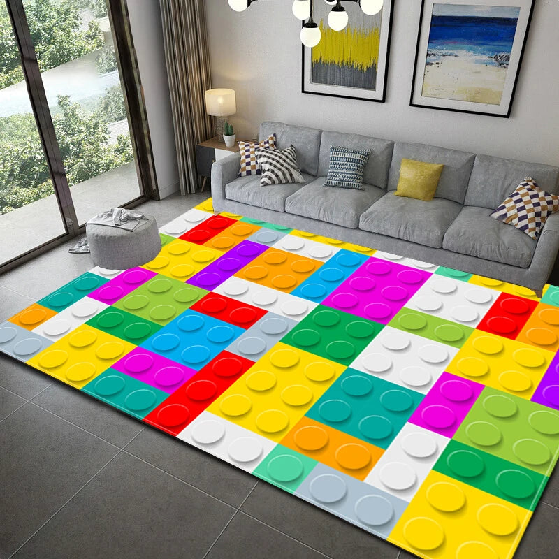 3D Colorful Geometric Block Area Rugs for Living Room Bedroom Building Block Toys Carpet Home Kids Room Decor Non-Slip Floor Mat