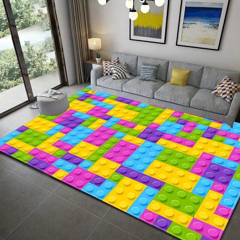 3D Colorful Geometric Block Area Rugs for Living Room Bedroom Building Block Toys Carpet Home Kids Room Decor Non-Slip Floor Mat