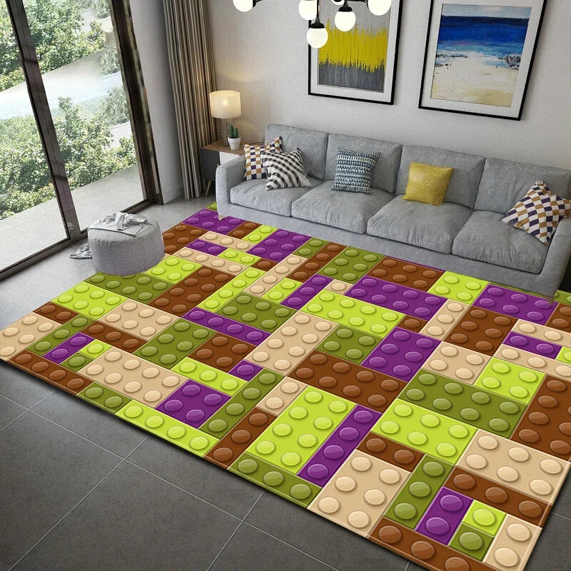 3D Colorful Geometric Block Area Rugs for Living Room Bedroom Building Block Toys Carpet Home Kids Room Decor Non-Slip Floor Mat