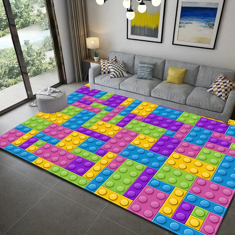 3D Colorful Geometric Block Area Rugs for Living Room Bedroom Building Block Toys Carpet Home Kids Room Decor Non-Slip Floor Mat
