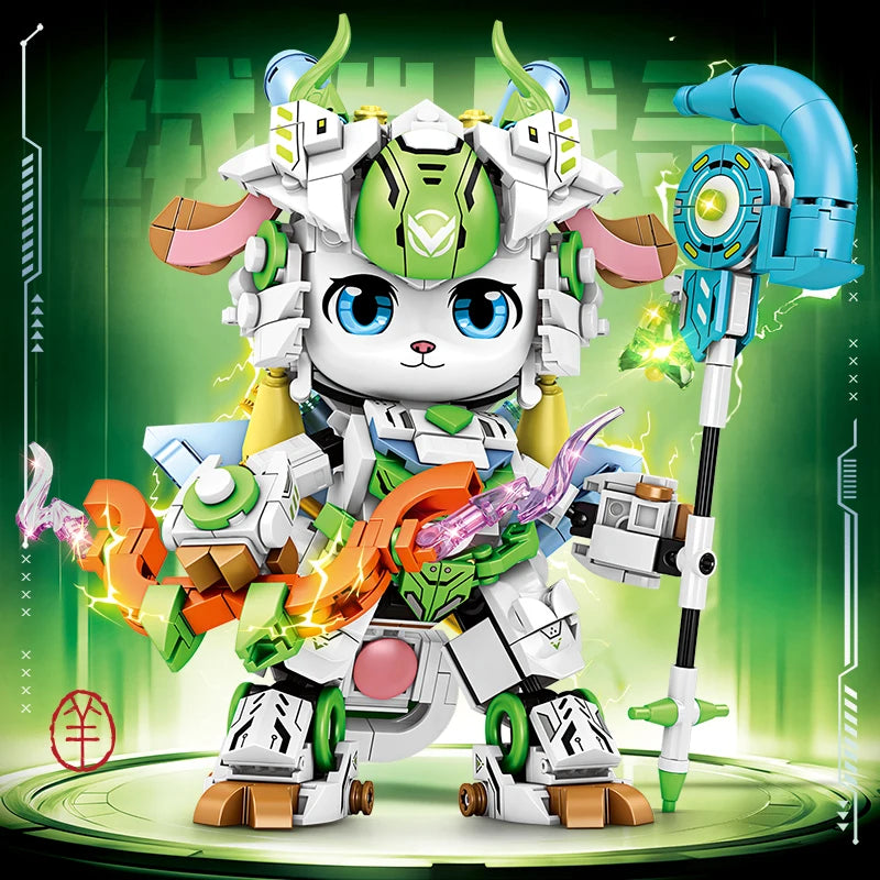 2025 Kung Fu Style 12-In-1 Mechanical Panda & Zodiac Building Blocks Set, Articulated Animal Model Toys for Boys Birthday Gifts