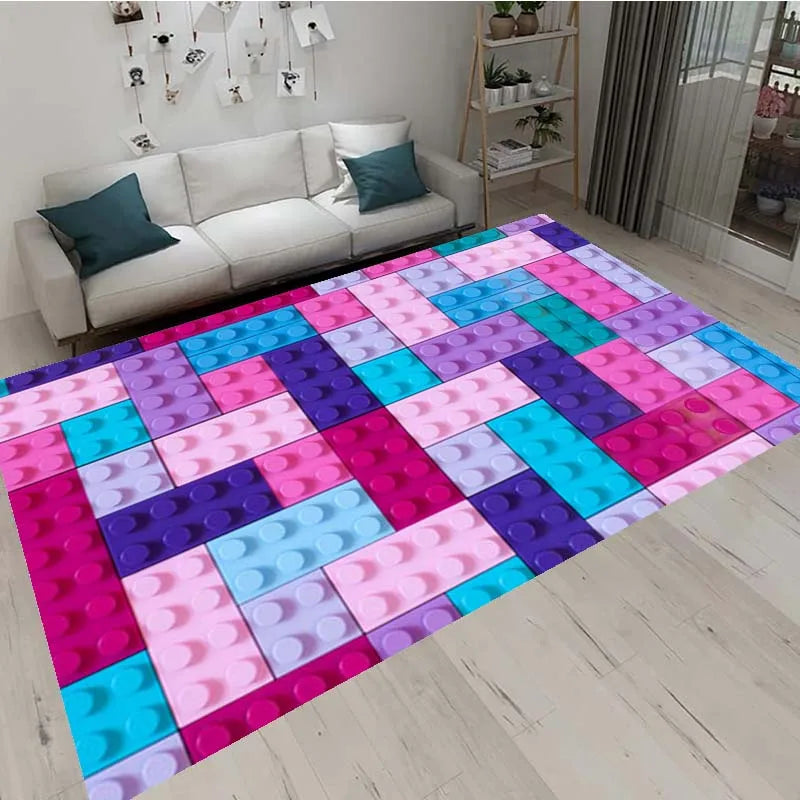 3D Colorful Geometric Block Area Rugs for Living Room Bedroom Building Block Toys Carpet Home Kids Room Decor Non-Slip Floor Mat