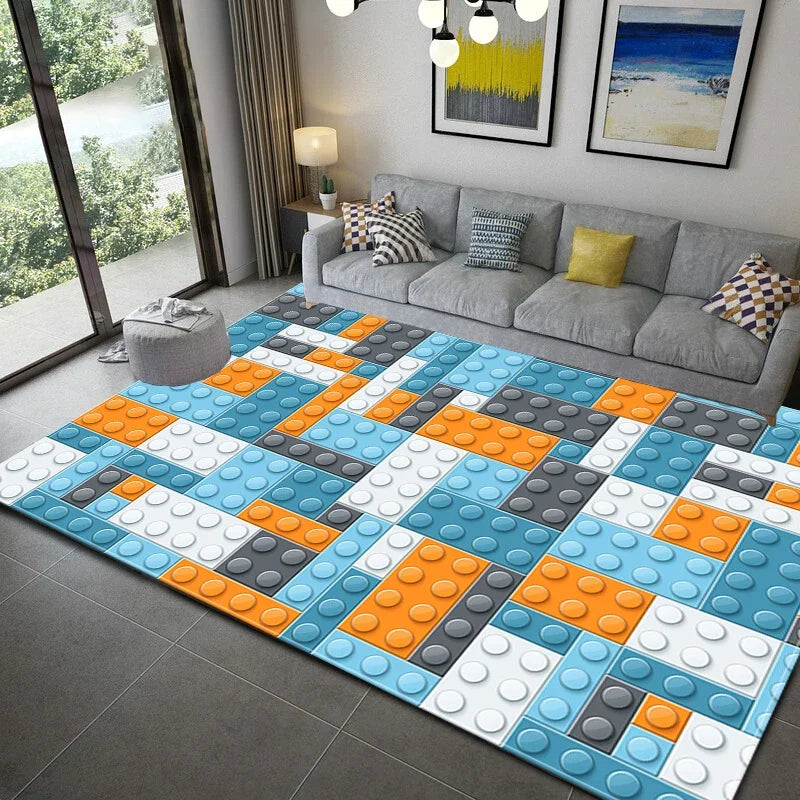 3D Colorful Geometric Block Area Rugs for Living Room Bedroom Building Block Toys Carpet Home Kids Room Decor Non-Slip Floor Mat