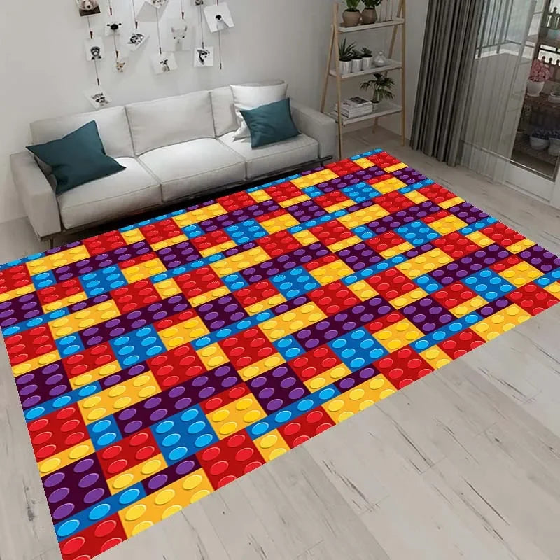 3D Colorful Geometric Block Area Rugs for Living Room Bedroom Building Block Toys Carpet Home Kids Room Decor Non-Slip Floor Mat