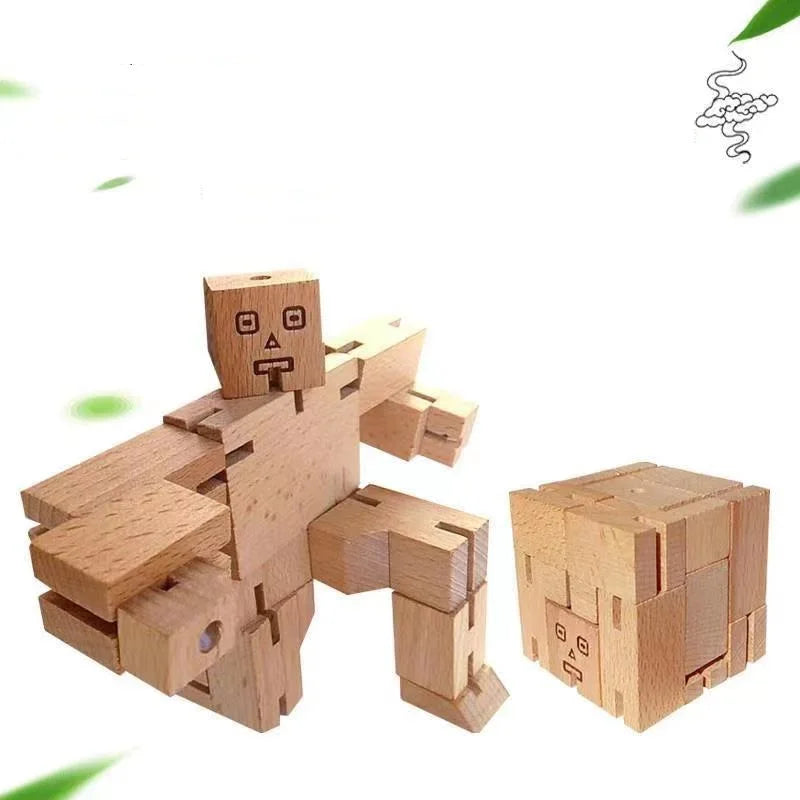 Mini Diy Kid Magic Wood Cube Bot Robot Transform Block Set Jigsaw Educational Puzzle Toy Gift for Baby Brain Teaser Training